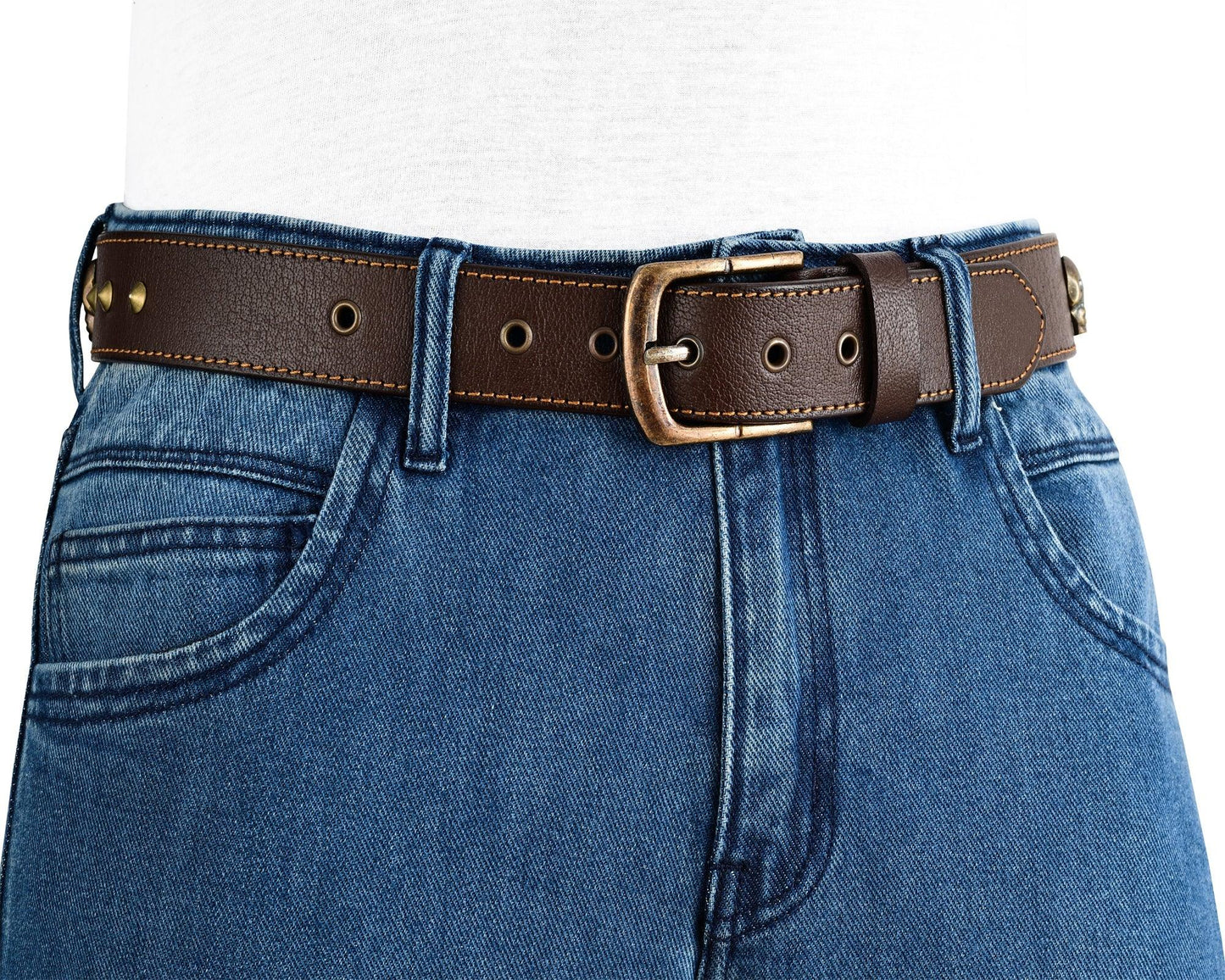 skull and pyramid studs genuine leather belt punk rock - 