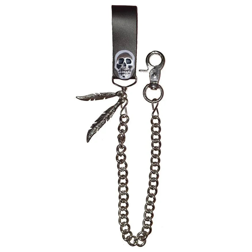 skull & feathers leather wallet chain - biker motorcycle wallet chain acessory - 