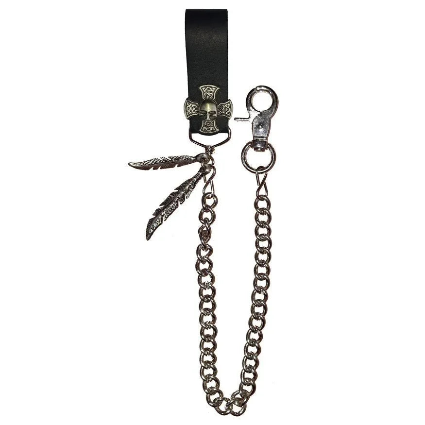 skull on iron cros leather wallet chain - biker motorcycle wallet chain acessory - 