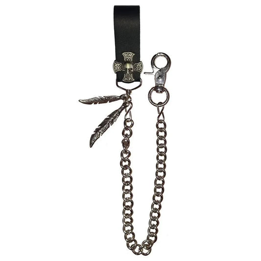 Skull on Iron Cros Leather Wallet Chain - Biker Motorcycle Wallet Chain Acessory - 