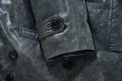 Stone Wash Vintage Men's Leather Jacket - Double Breasted Dr. Who & Kriegsmarine Inspired -