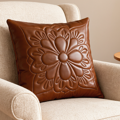 Set of 2 Genuine Leather Embroidered Cushion Covers