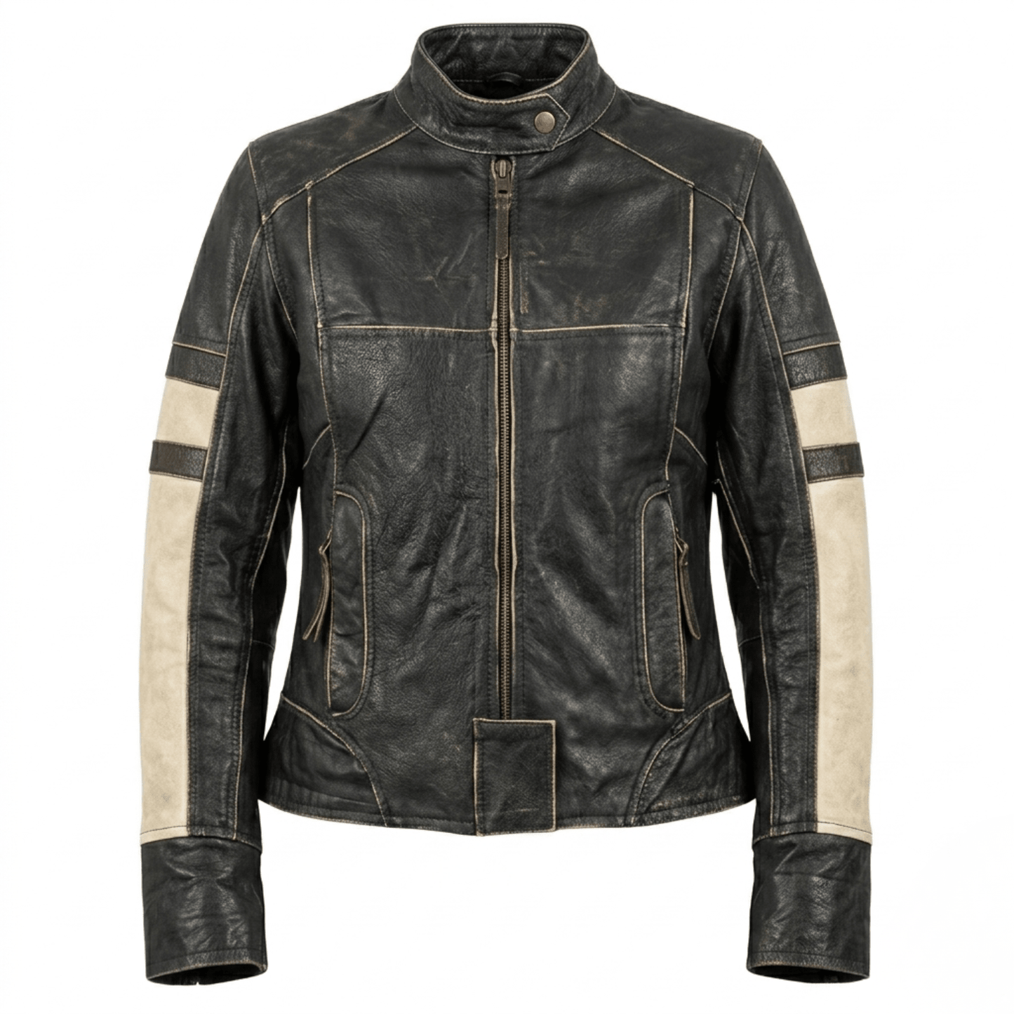 vintage distressed black leather cafe racer jacket with cream stripes - 