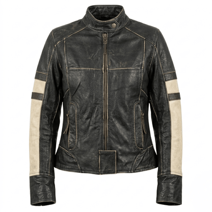 Vintage Distressed Black Leather Cafe Racer Jacket with Cream Stripes - 