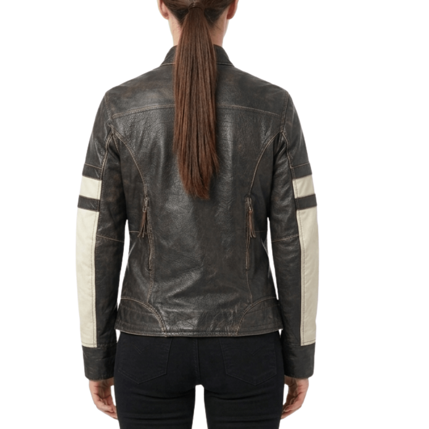 Vintage Distressed Black Leather Cafe Racer Jacket with Cream Stripes - 