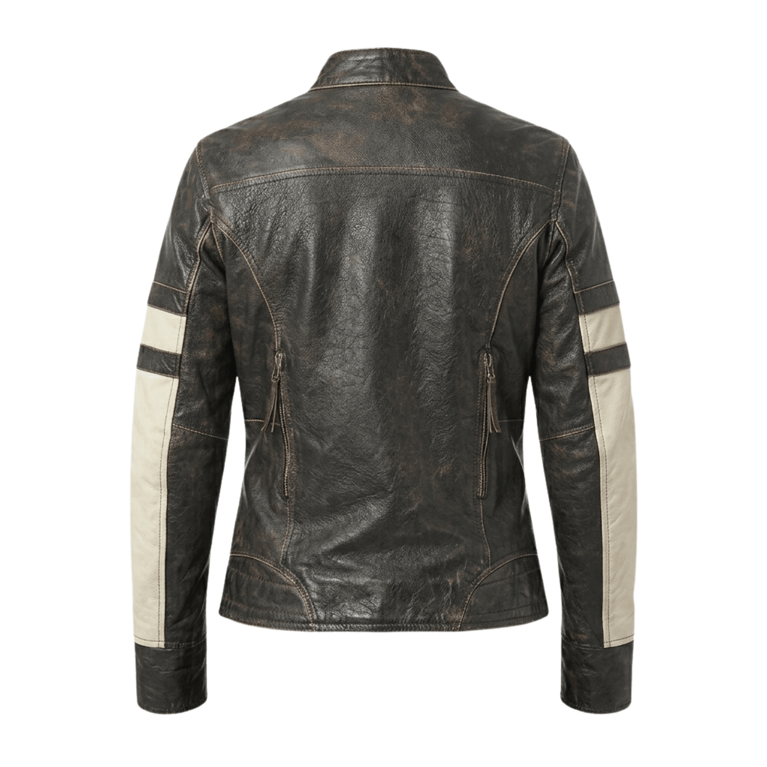 Vintage Distressed Black Leather Cafe Racer Jacket with Cream Stripes - 