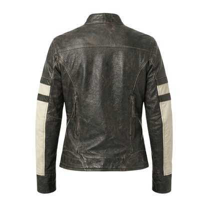 Vintage Distressed Black Leather Cafe Racer Jacket with Cream Stripes - 