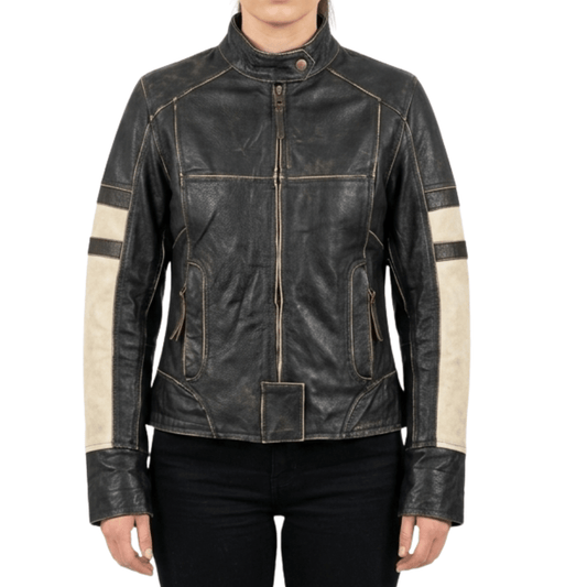 Vintage Distressed Black Leather Cafe Racer Jacket with Cream Stripes - 
