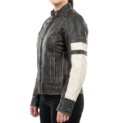 Vintage Distressed Black Leather Cafe Racer Jacket with Cream Stripes - 