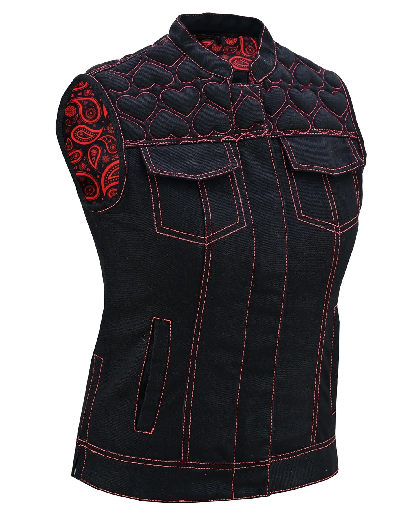womens black denim biker vest with hearts and red stitching - 