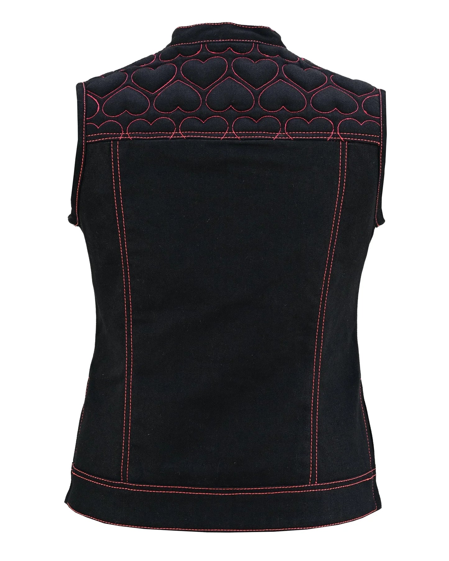 womens black denim biker vest with hearts and red stitching - 