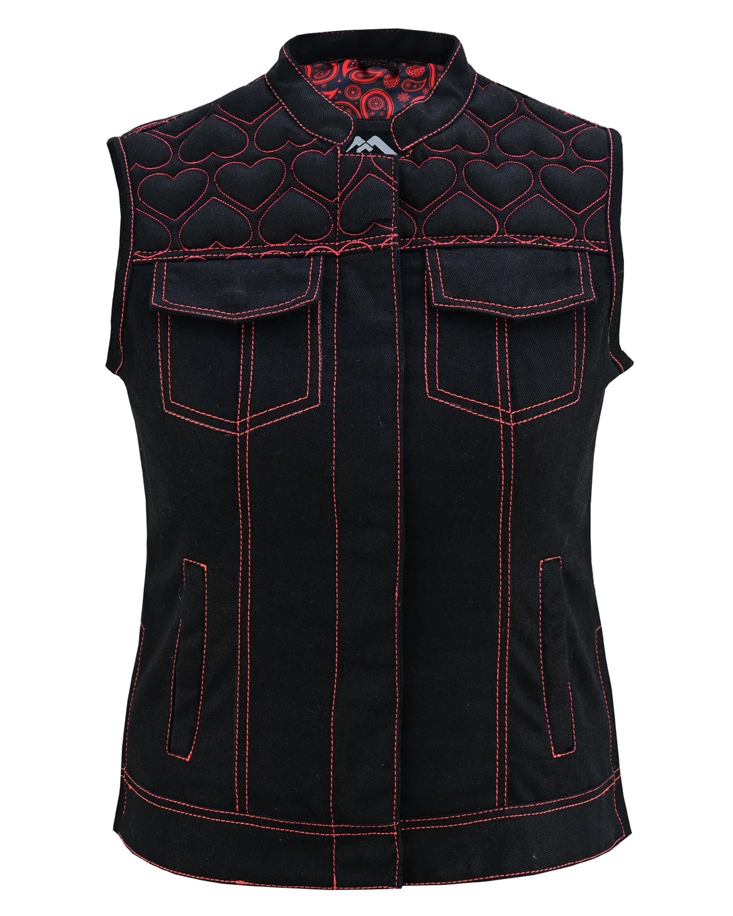 womens black denim biker vest with hearts and red stitching - 