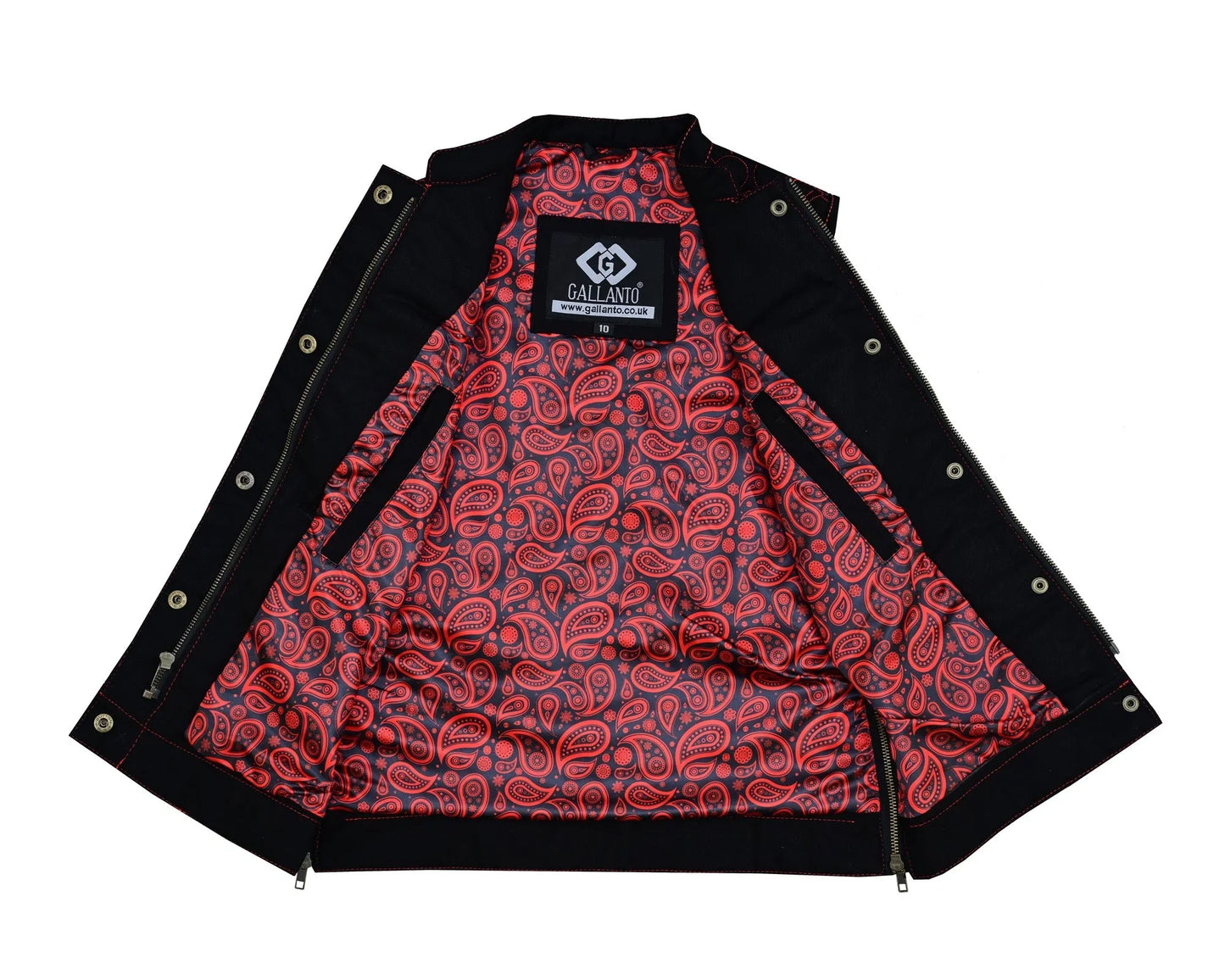 womens black denim biker vest with hearts and red stitching - 