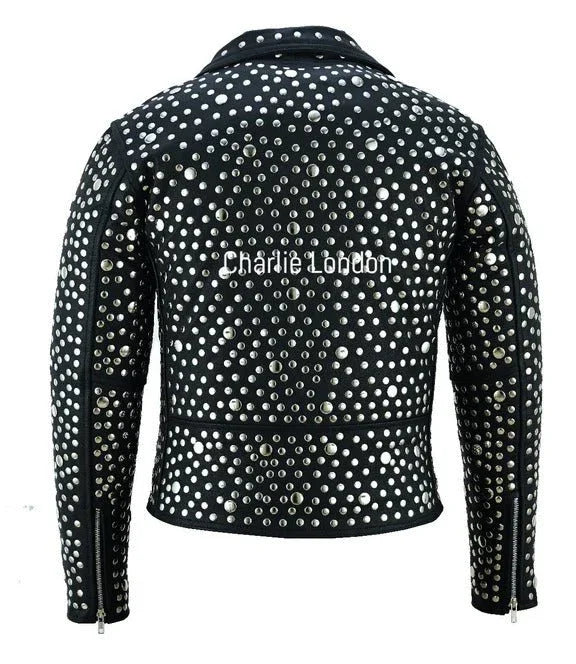 Women's black leather jacket - angled front view