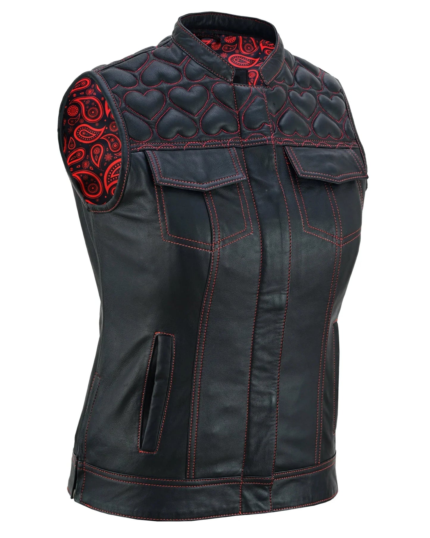 womens black leather biker vest with hearts and red stitching - 