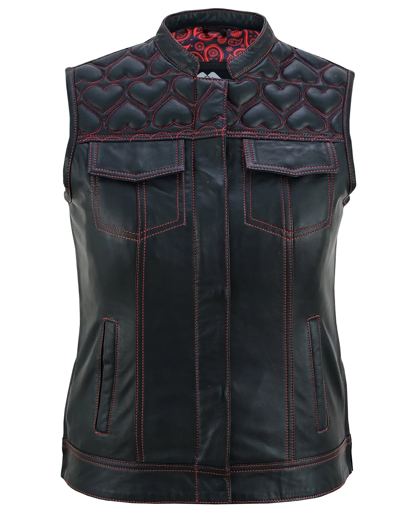 womens black leather biker vest with hearts and red stitching - 