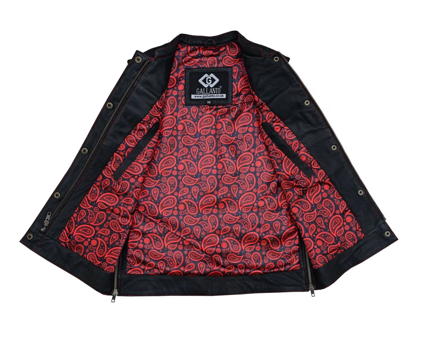 womens black leather biker vest with hearts and red stitching - 