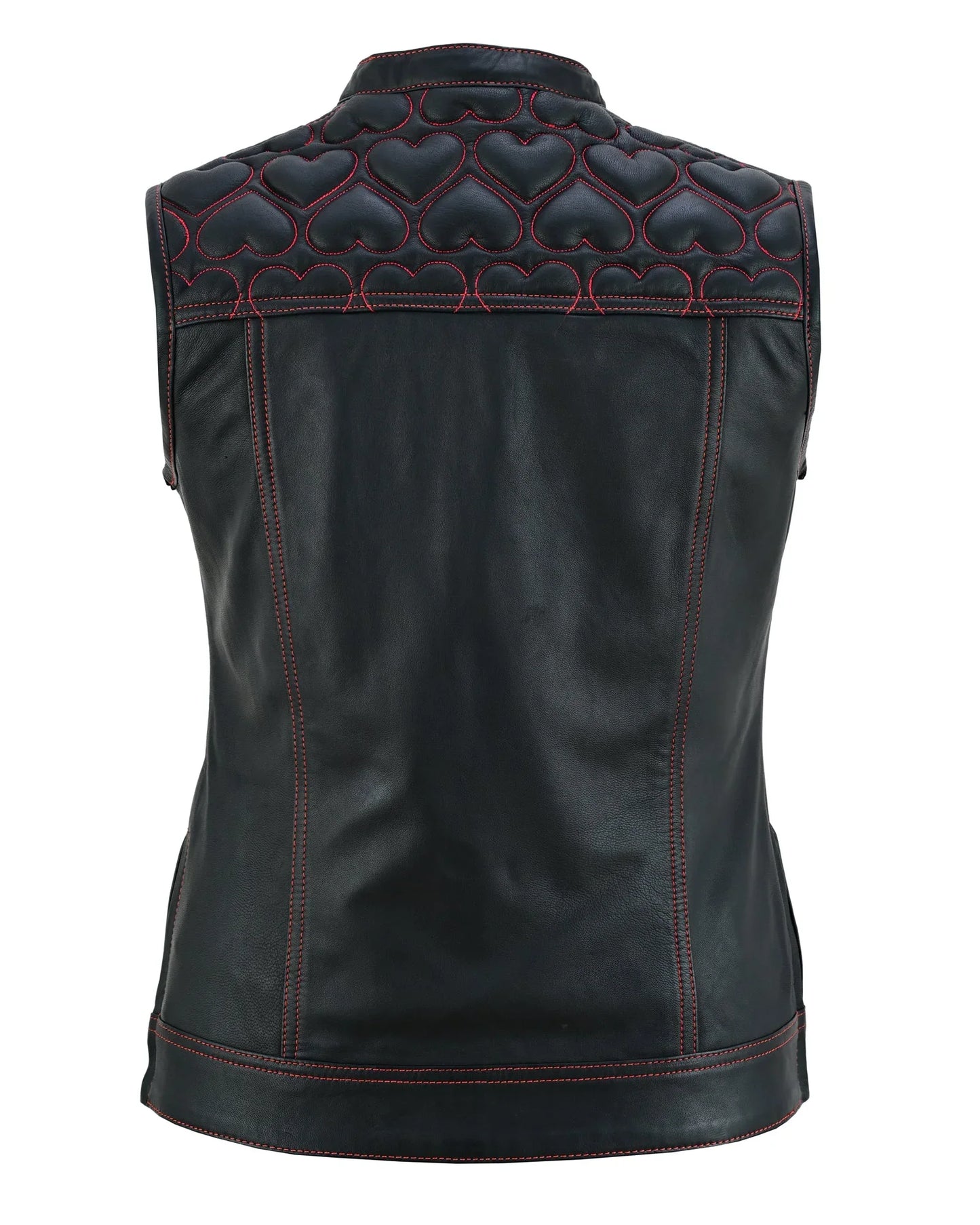 womens black leather biker vest with hearts and red stitching - 