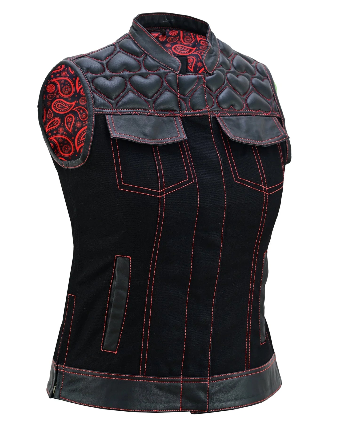 womens black leather & denim biker vest with hearts and red stitching - 