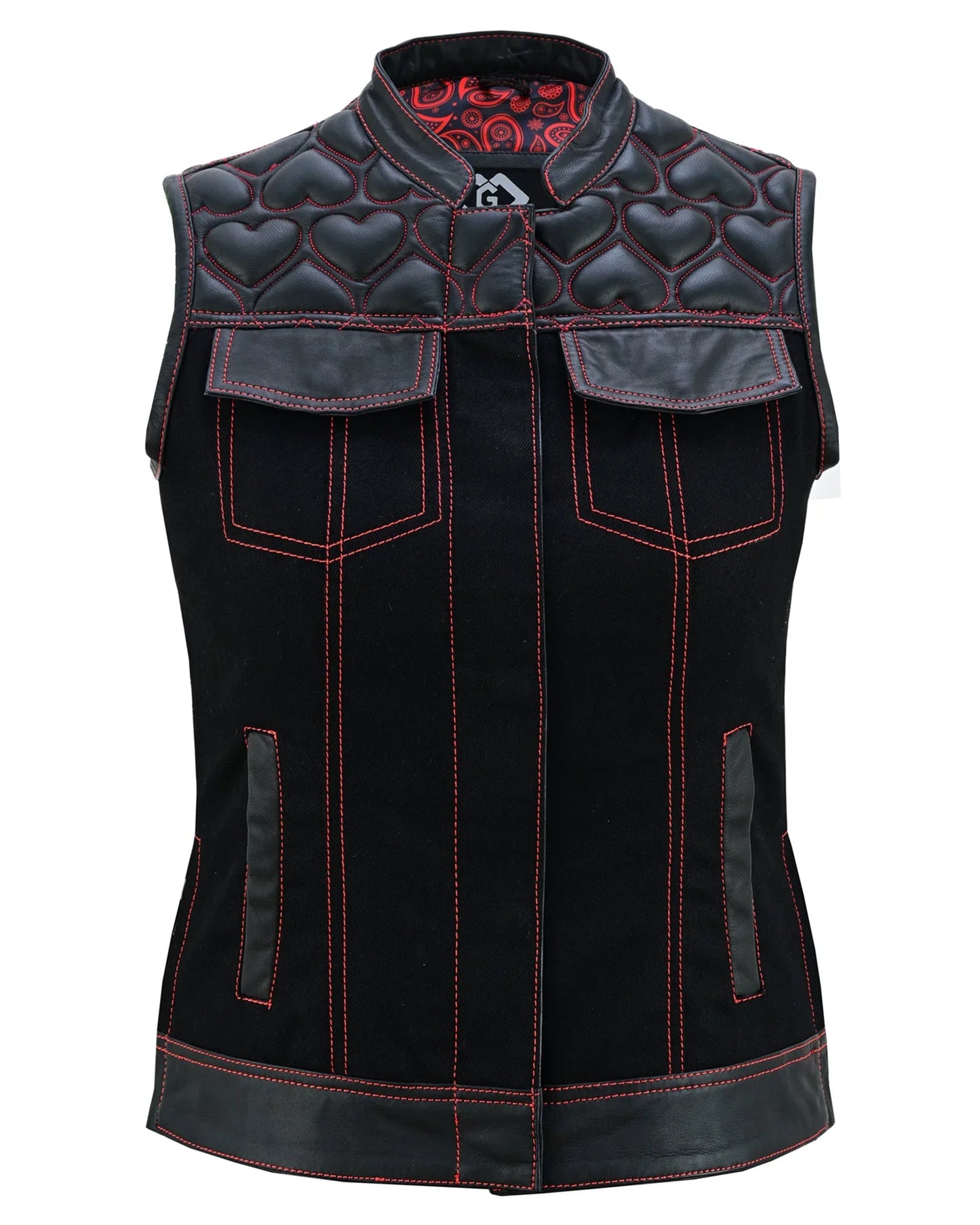 womens black leather & denim biker vest with hearts and red stitching - 