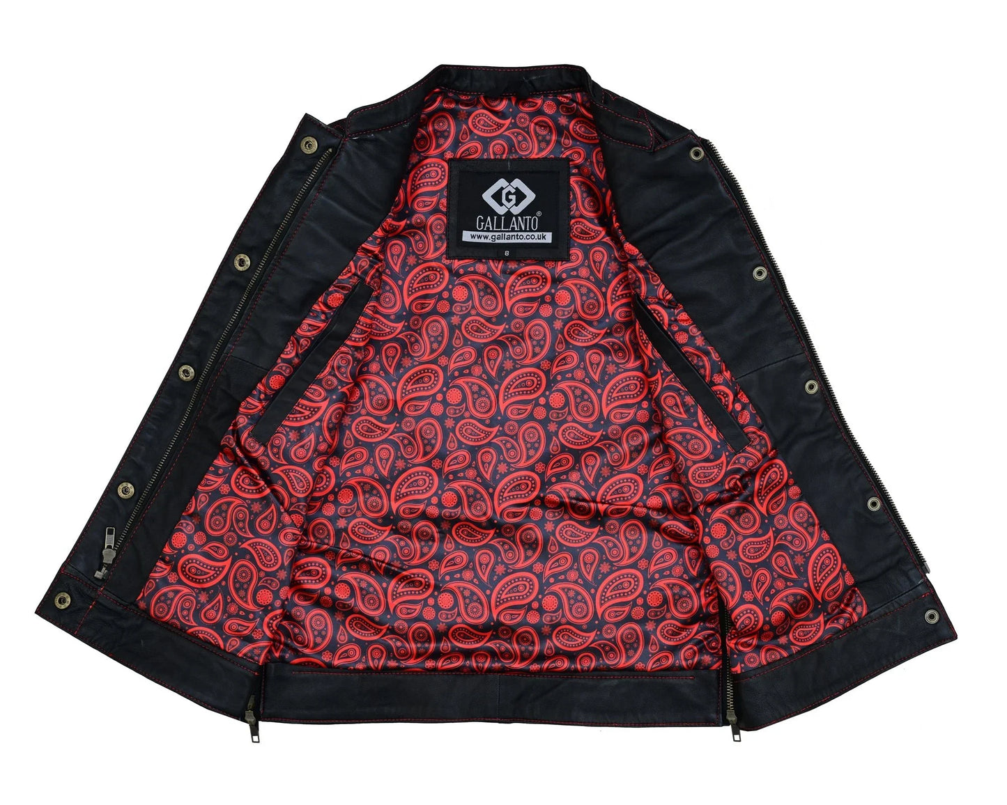 womens black leather & denim biker vest with hearts and red stitching - 