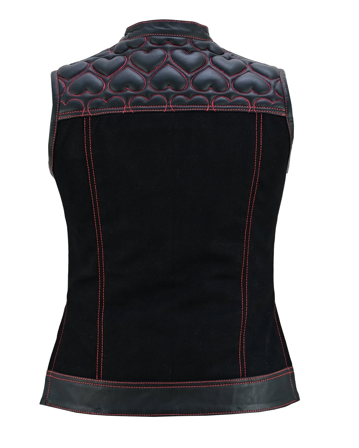 womens black leather & denim biker vest with hearts and red stitching - 