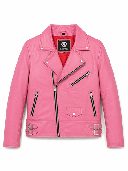 Women’s Premium Pink Leather Biker Jacket Size L | Chic Moto Style - 