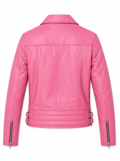 Women’s Premium Pink Leather Biker Jacket Size L | Chic Moto Style - 