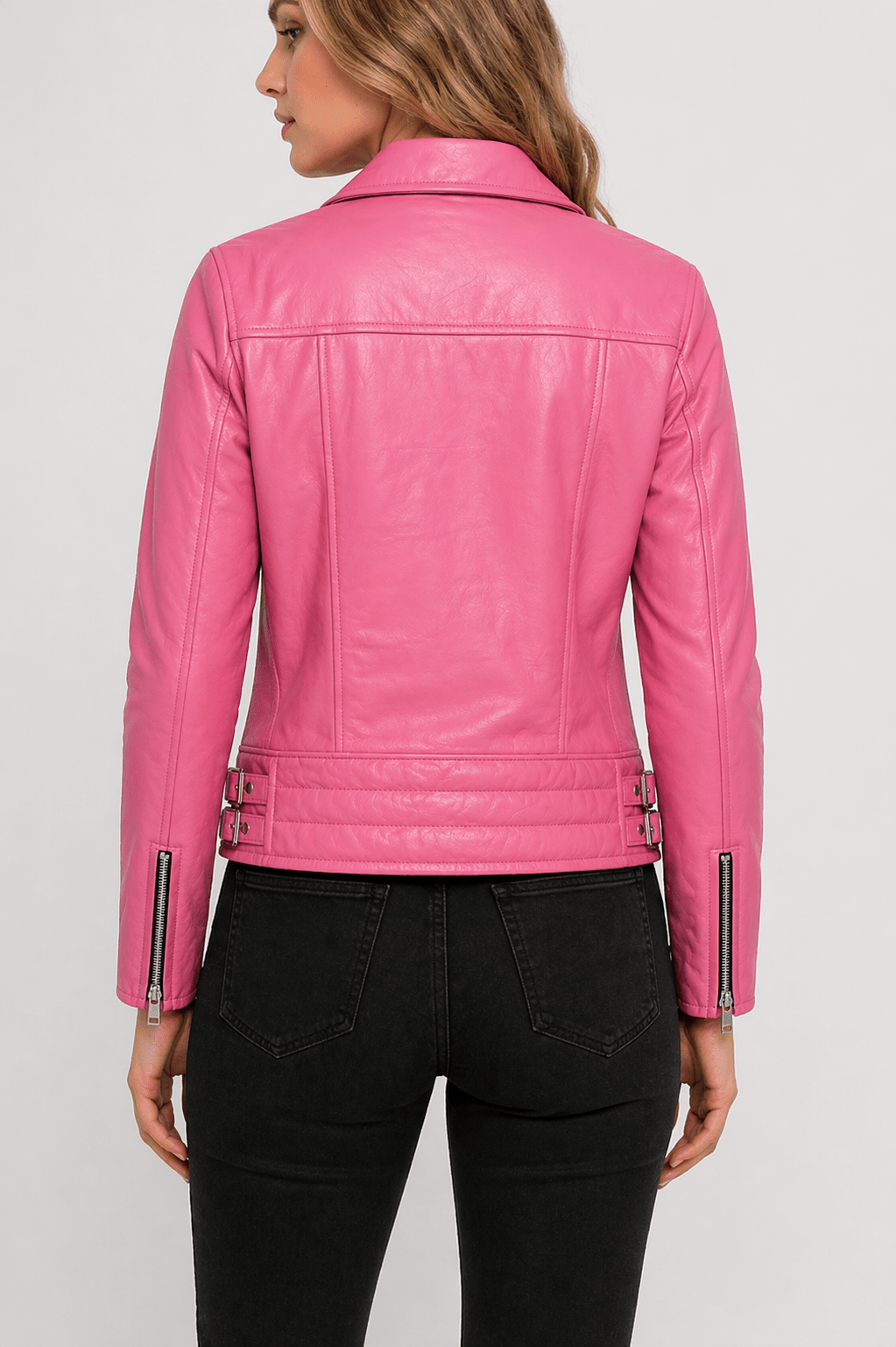 Women’s Premium Pink Leather Biker Jacket Size L | Chic Moto Style - 