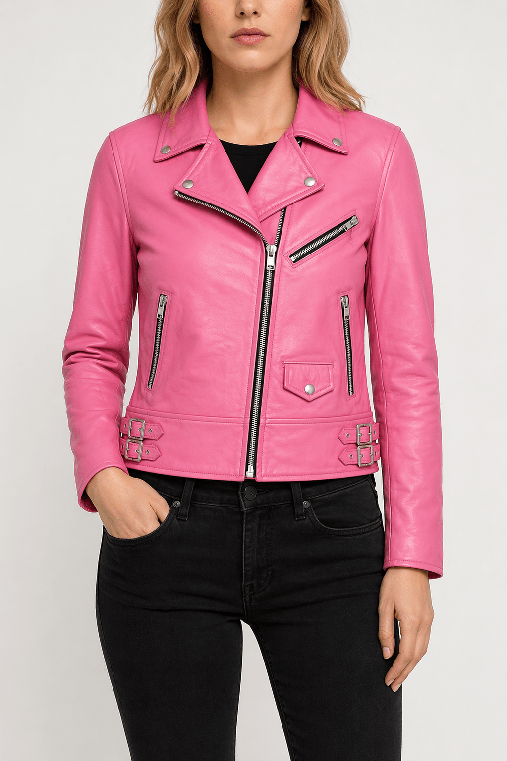 women’s premium pink leather biker jacket size l | chic moto style - 