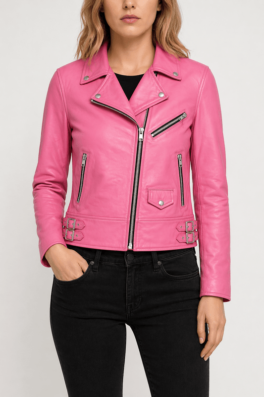 Women’s Premium Pink Leather Biker Jacket Size L | Chic Moto Style - 