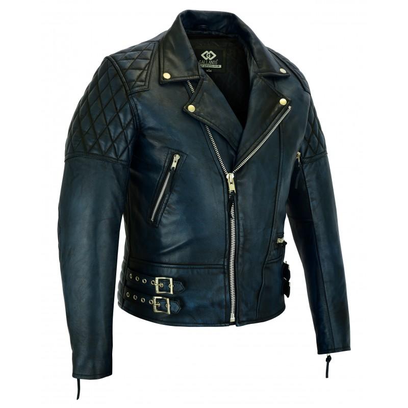 2 Toned Black & Blue Diamond Motorcycle Biker Soft Leather Jacket -