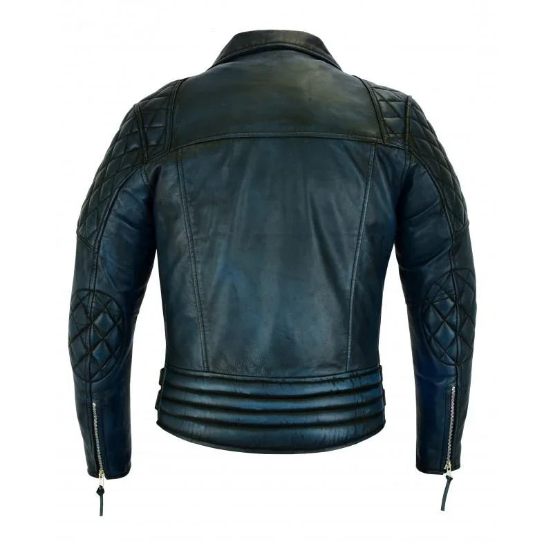 2 toned black & blue diamond motorcycle biker soft leather jacket -