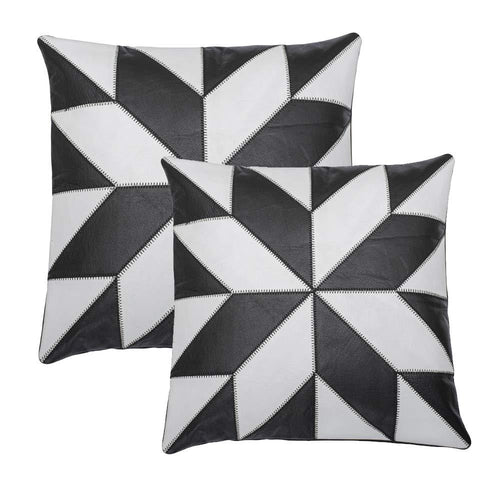 2 x Black & White Flower Original Leather Cushion Covers -