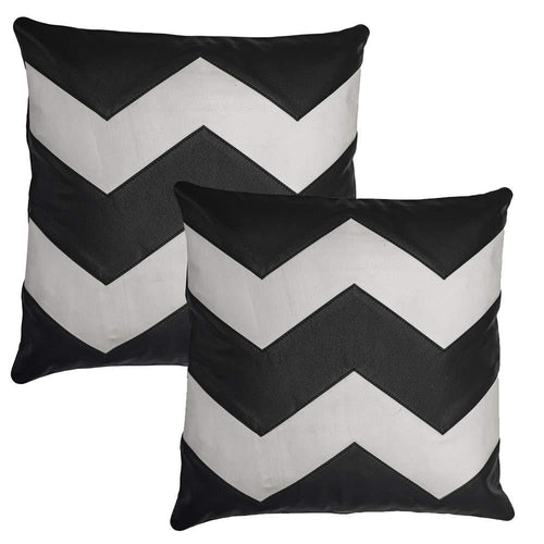2 x Black & White Zig Zag Original Leather Cushion Covers -