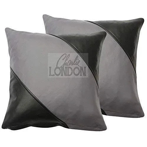 2 x purple amethyst & black diagonal stripe original leather cushion covers -