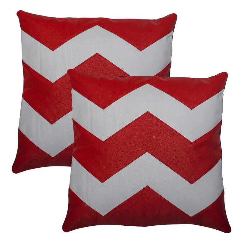 2 x Red & White Zig Zag Original Leather Cushion Covers -