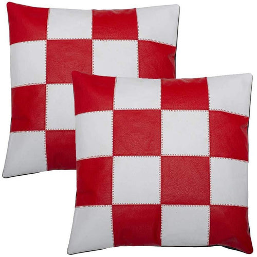 2 x White & Red Chequered Boxed Original Leather Cushion Covers -