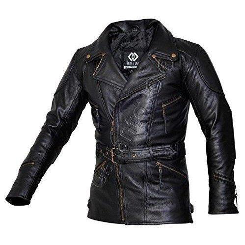 3/4 eddie black mens long leather biker jacket -