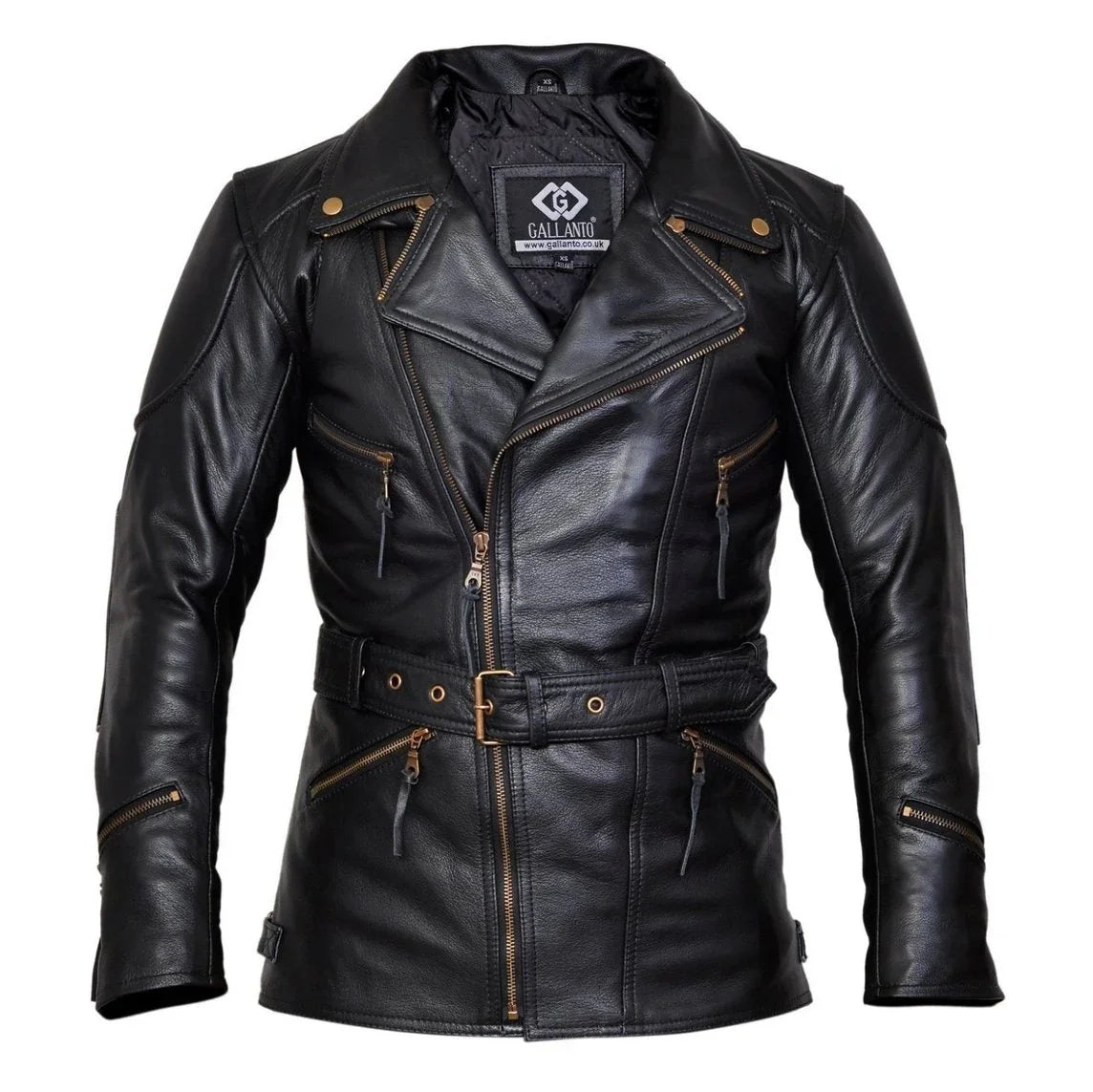 3/4 eddie black mens long leather biker jacket -