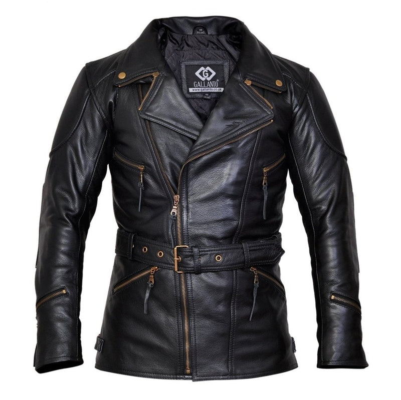 3/4 Eddie Black Mens Long Leather Biker Jacket -