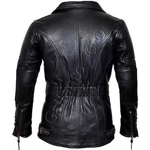 3/4 eddie black mens long leather biker jacket -