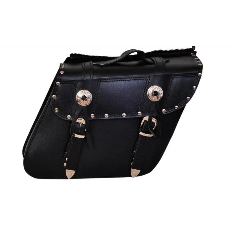 34 leather zip off chrome plated with studs biker saddle bags -
