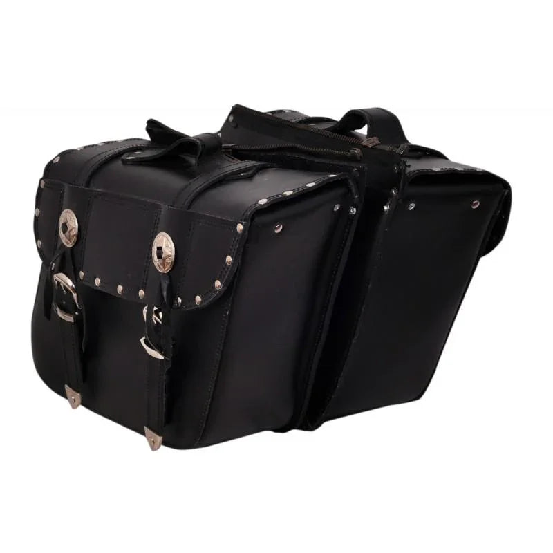 34 leather zip off chrome plated with studs biker saddle bags -