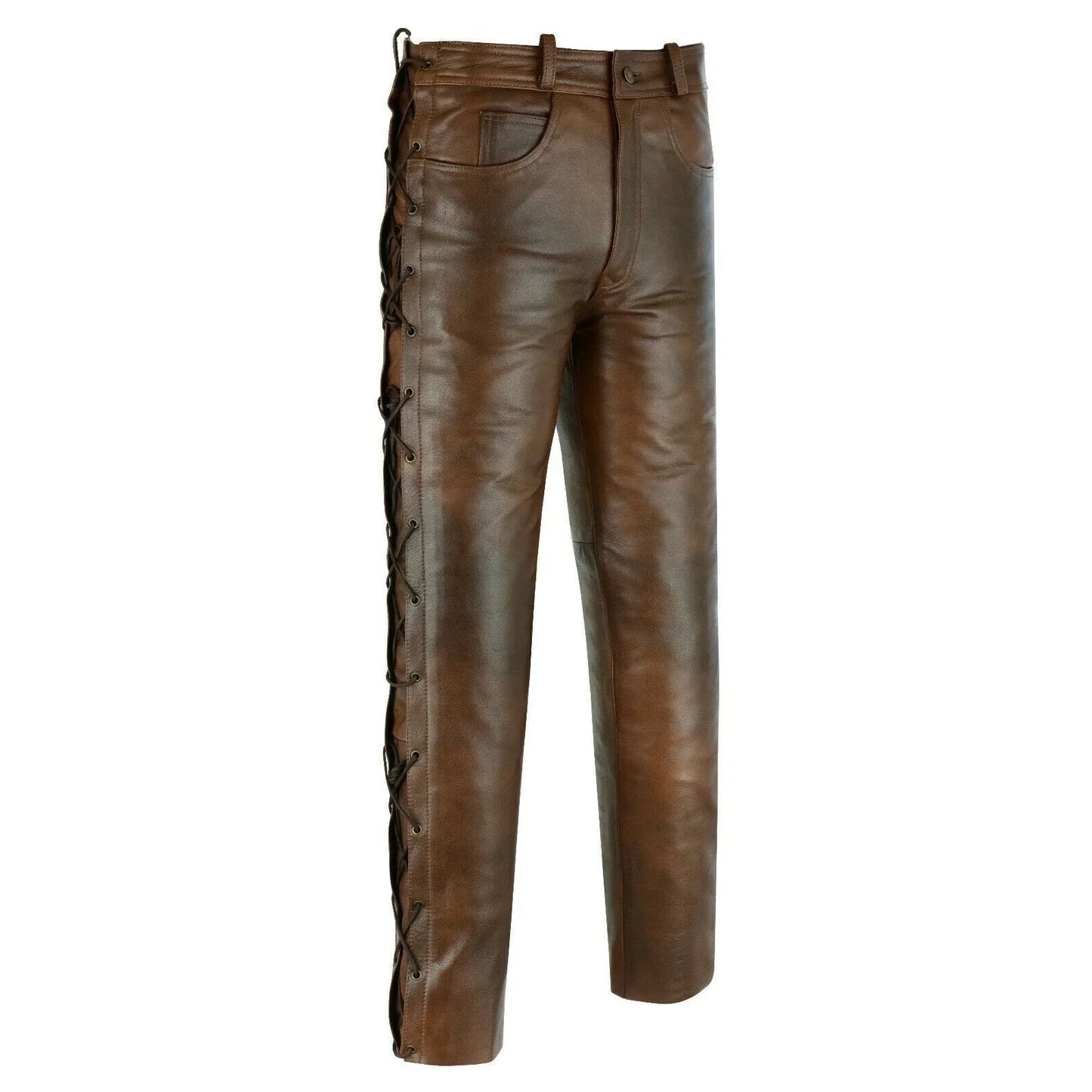 502 brown jean style motorcycle biker leather pants trousers with side laces -