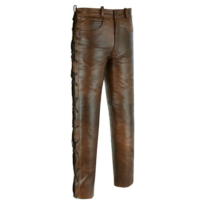 502 Brown Jean Style Motorcycle Biker Leather Pants Trousers With Side Laces -