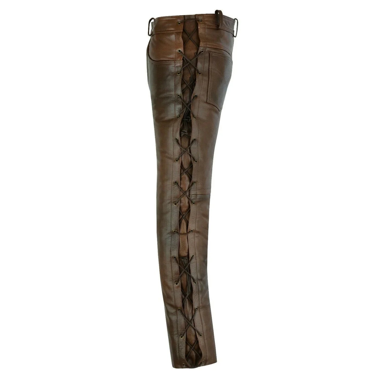 502 brown jean style motorcycle biker leather pants trousers with side laces -