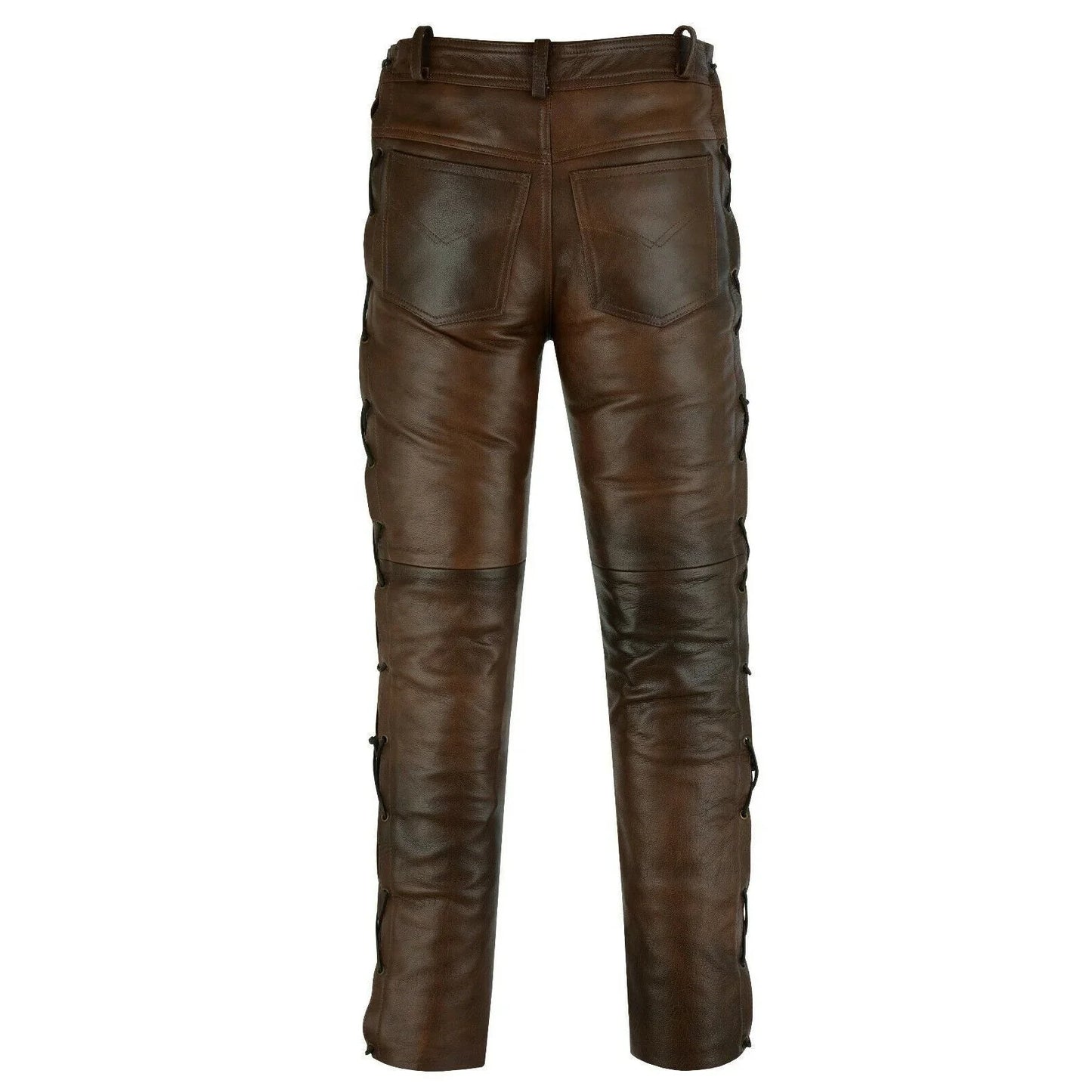 502 brown jean style motorcycle biker leather pants trousers with side laces -