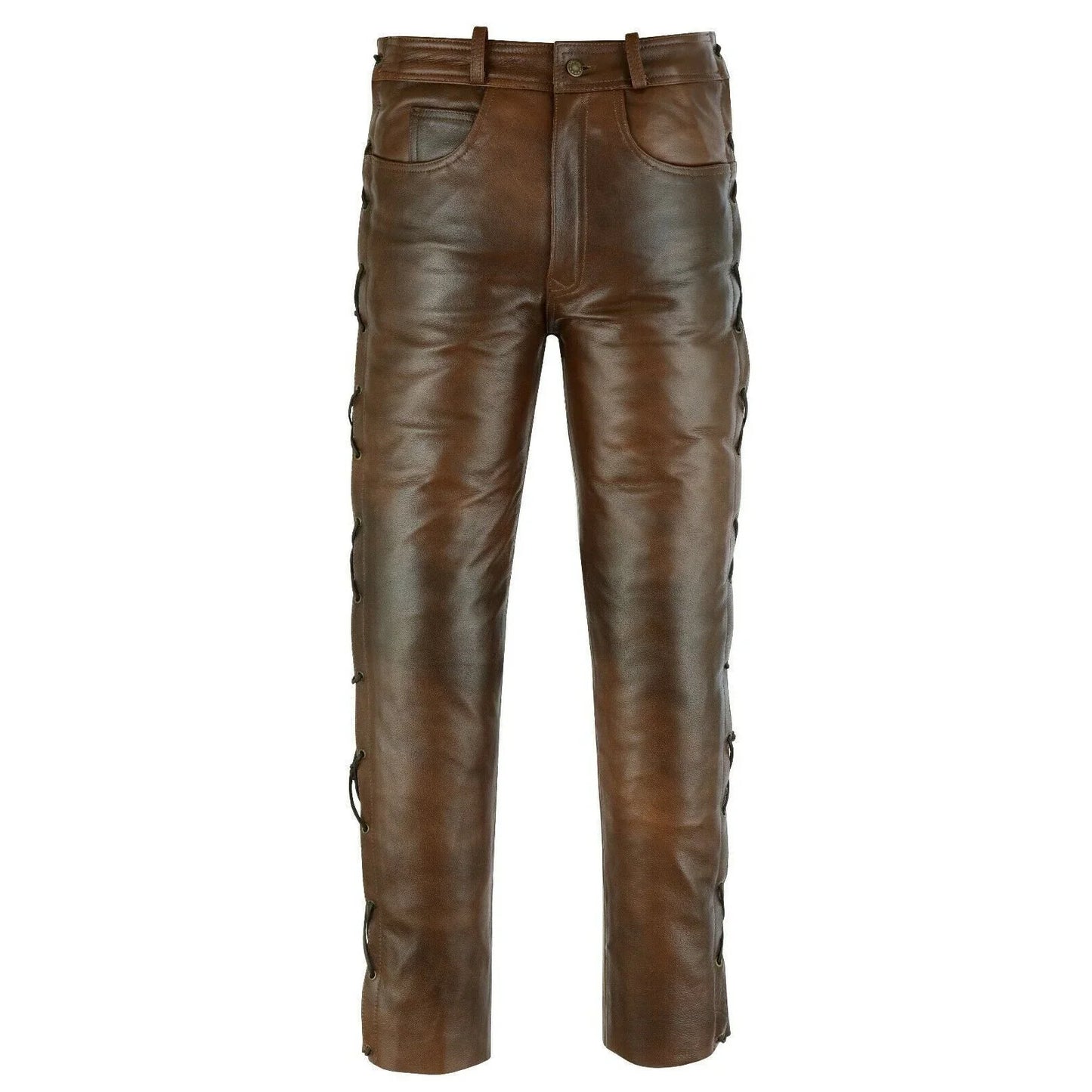 502 brown jean style motorcycle biker leather pants trousers with side laces -