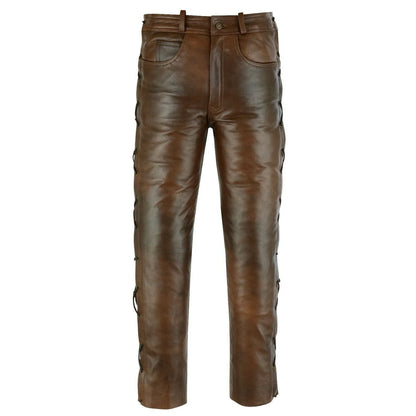 502 Brown Jean Style Motorcycle Biker Leather Pants Trousers With Side Laces -